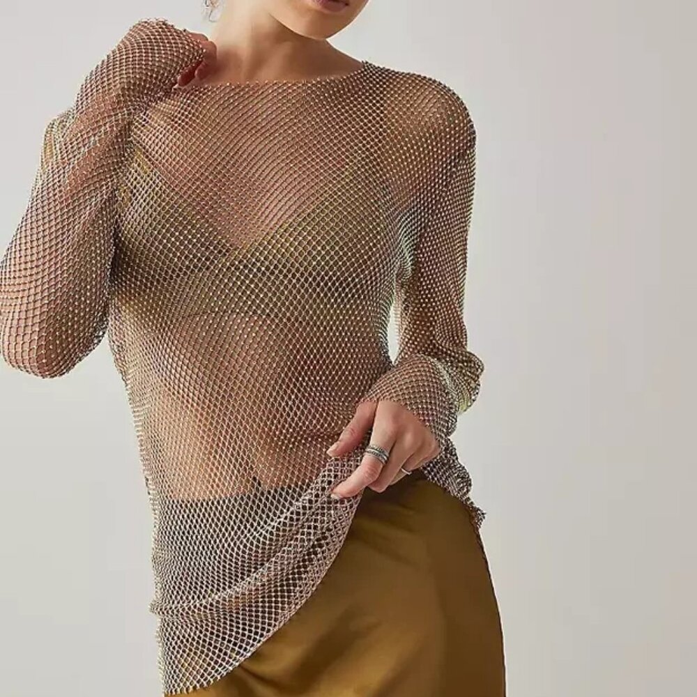 Free People Y2K Revival Beaded Festival Sheer Fairy Long Sleeve - Size Medium